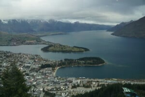 An areal view of Queenstown showing the township and the lake.