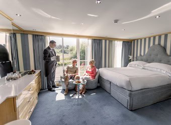 cruise ship bedroom interior with stylish furnishings