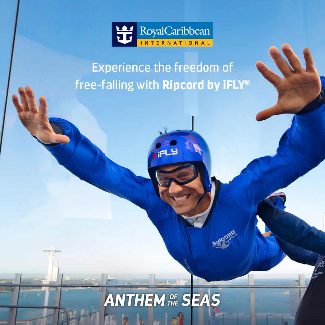 Guest skydiving in Ripcord by iFLY on Royal Caribbean’s Anthem of the Seas – adventure activity featured at Central Coast cruise event.