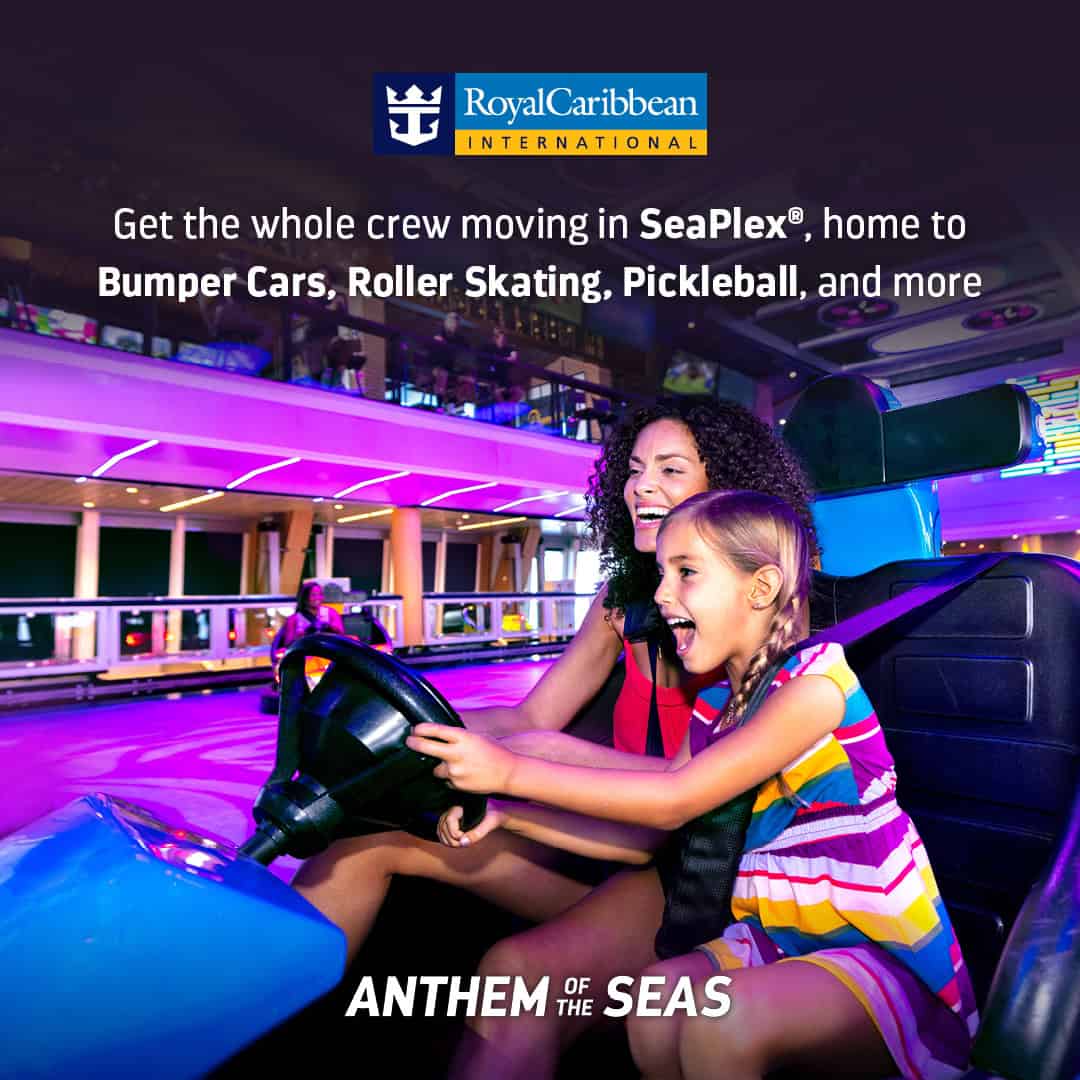 Family enjoying bumper cars in SeaPlex on Royal Caribbean’s Anthem of the Seas – family fun highlighted at Central Coast cruise event.