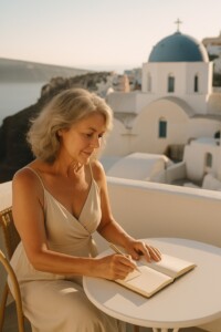 Over 50's solo woman traveller journaling in Santorini