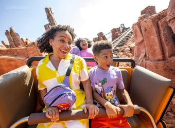 Mother and child on rollercoaster ride at Disneyland