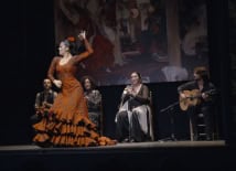 Lady in red doing a Flamenco dance in front of a quartet