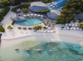 An aerial view of Centara Ras Fushi all-inclusive resort and spa in the Maldives.